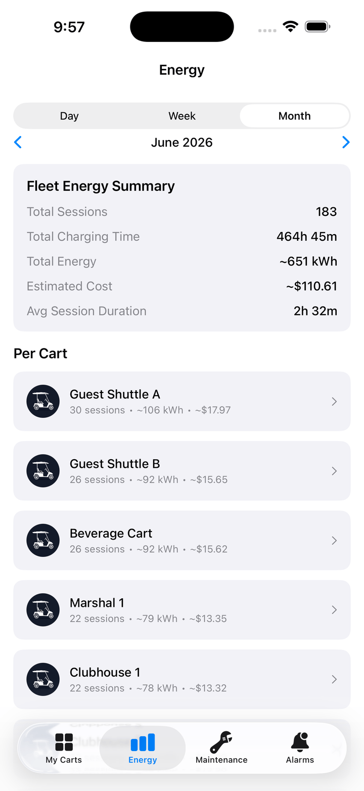 Cart IoT app Energy screen with a monthly fleet summary of sessions, charging time, kilowatt hours, estimated cost, and per-cart totals