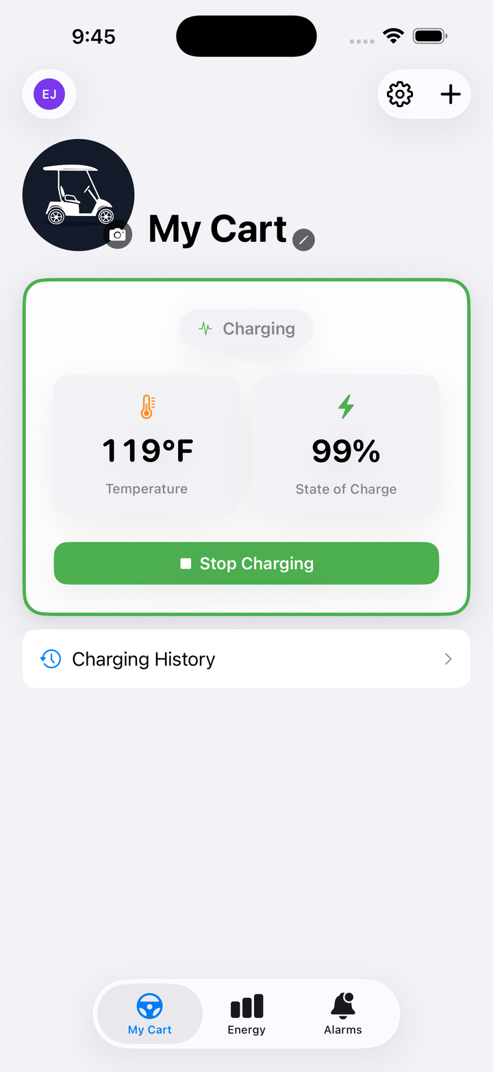 Cart IoT app showing a cart charging at 119 degrees and 99 percent state of charge