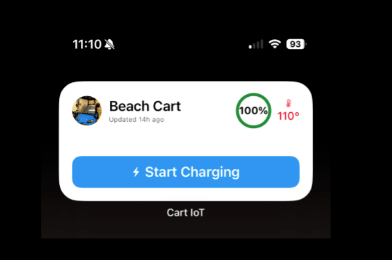 Cart IoT medium widget with Beach Cart at 100 percent, temperature, and a start charging button