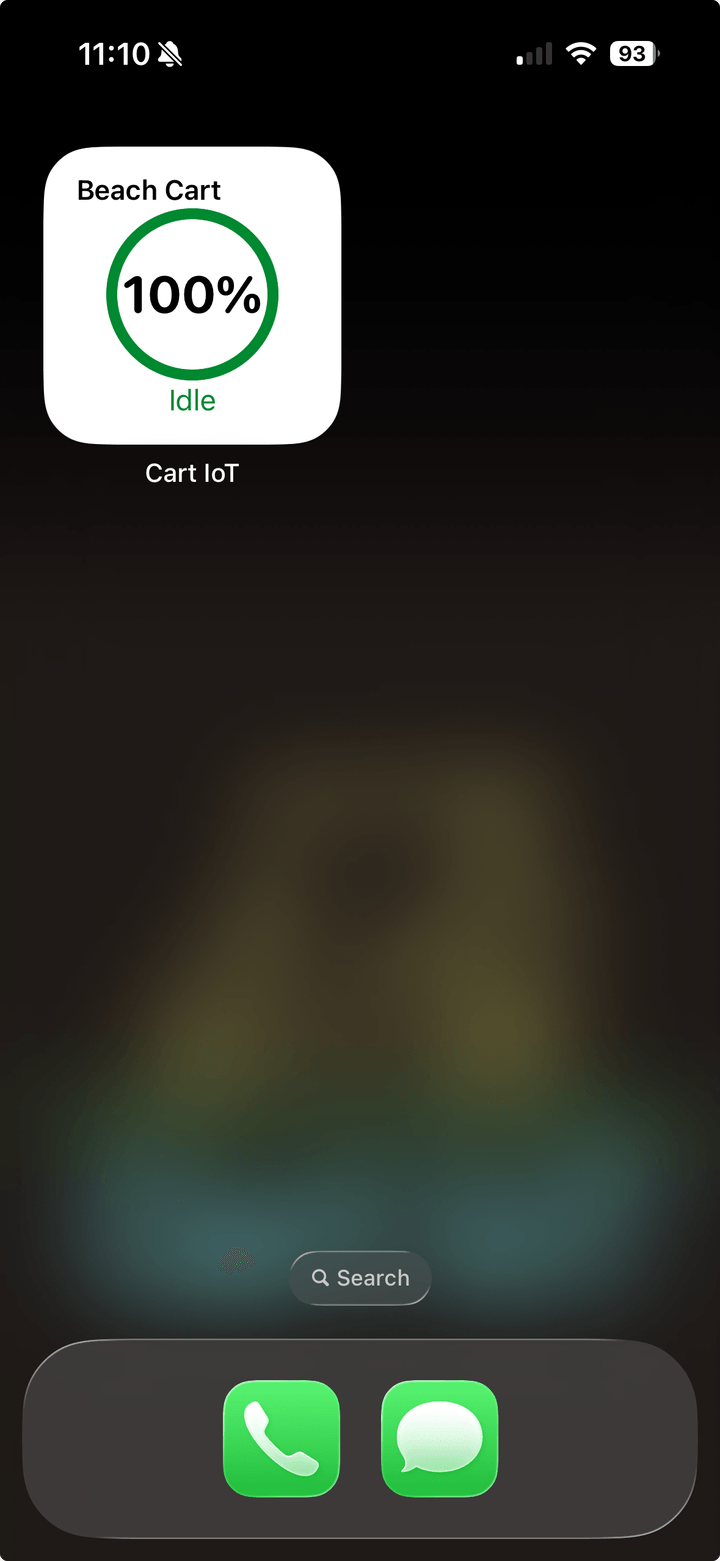 Cart IoT home screen widget showing Beach Cart at 100 percent and idle